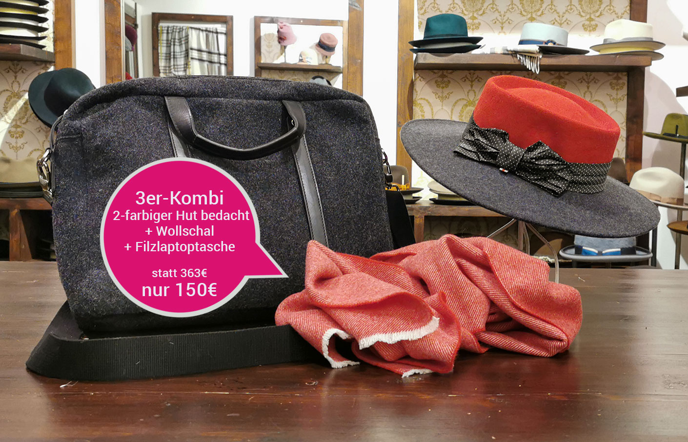 Kombination 2- farbiger Hut bedacht, Wollschal und Filzlaptoptasche statt 363 € nur 150 €